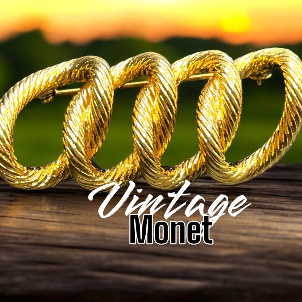 Vintage MONET Braided Brooch Signed Spiral Designer Jewelry Classic Gold Tone